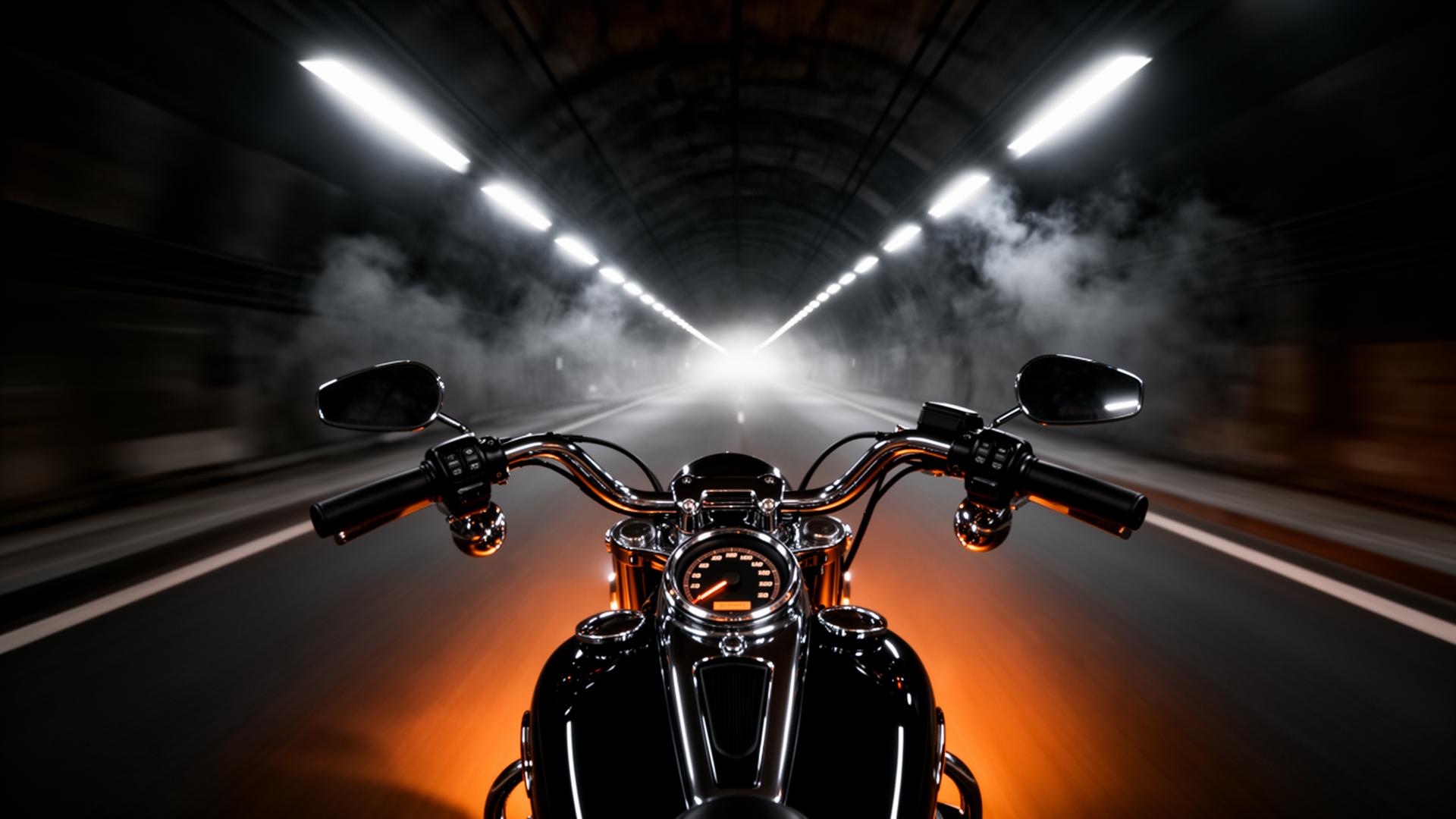 First-person view from a Harley-Davidson riding through a lit tunnel